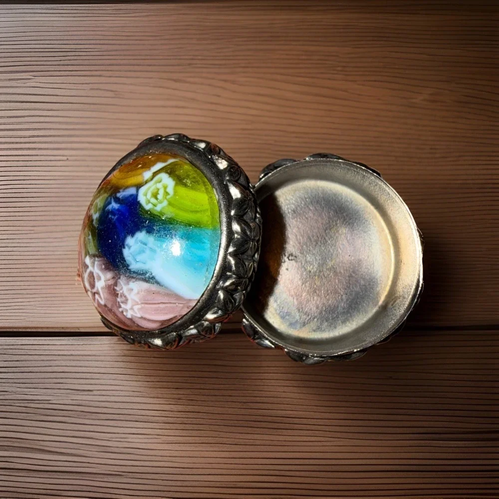 Murano Millefiori Glass Etched Silver Tone  Pill Trinket Box 1 1/2